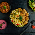macaroni-with-chicken-meatball-beetroot-hummus-protein-meal